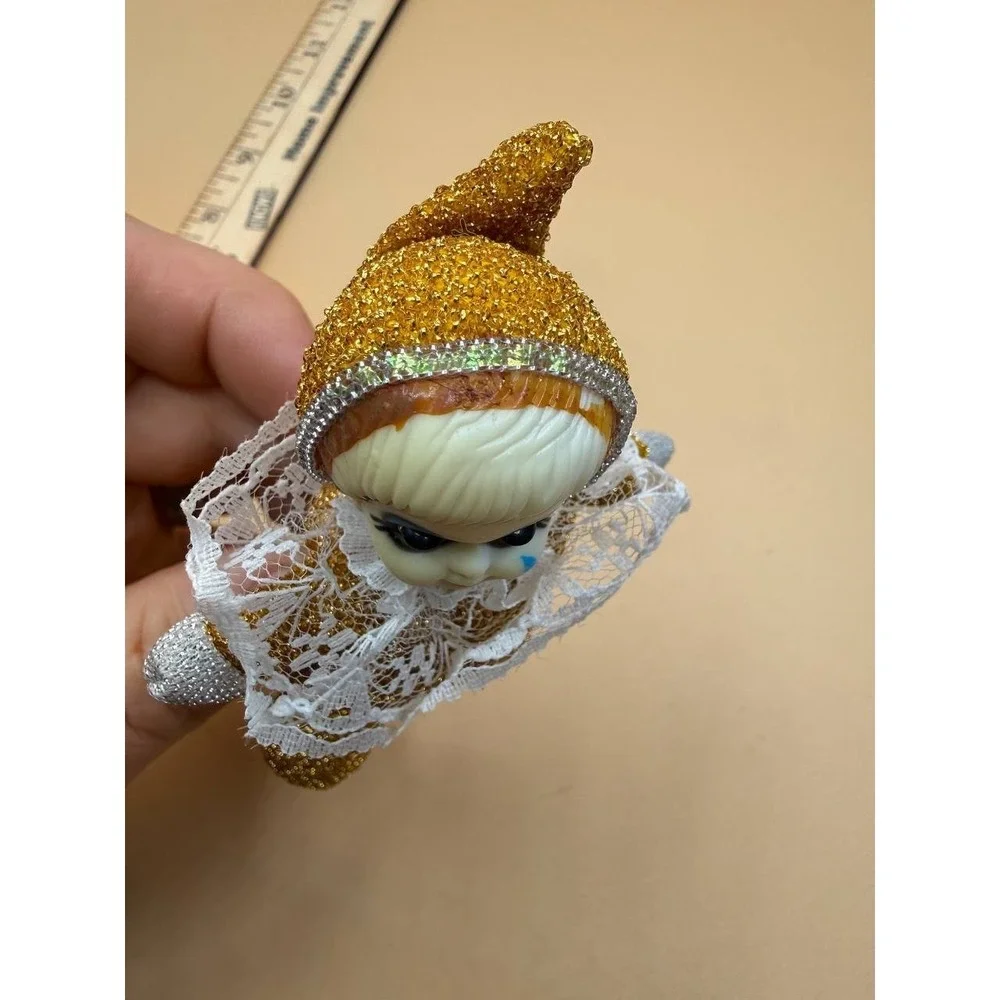 Vintage Pixie Clown Doll Ornament W/ Gold, Silver & Lace W/‎ Blue Blinking Eyes